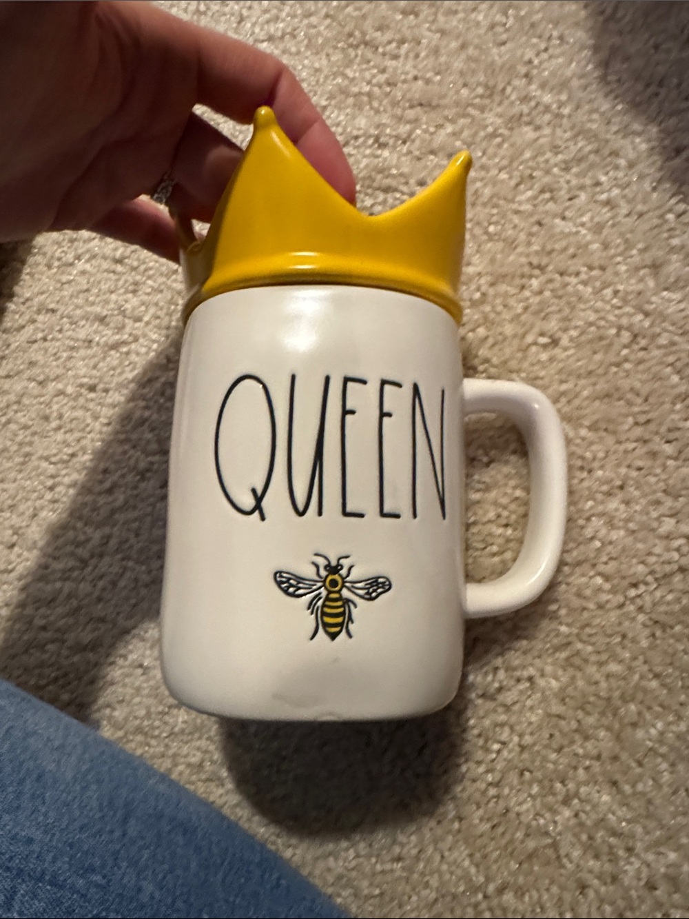 Rae Dunn QUEEN Bee Ceramic Mug with Yellow Crown Lid